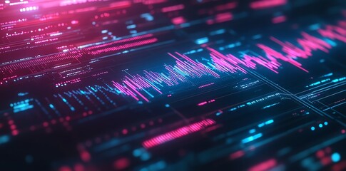 Fototapete - Abstract digital data visualization with glowing lines and patterns in pink and blue hues.