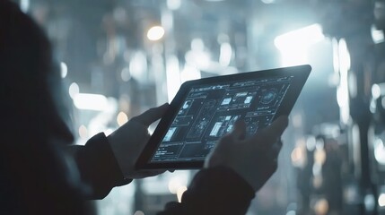 Poster - A person holding a tablet displaying complex digital data in a high-tech environment.