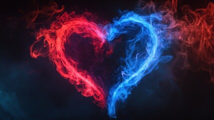 Wall Mural - Glowing blue and red heart against black background. Vibrant glowing heart.