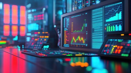 Fototapete - A high-tech control room with monitors displaying data and analytics.