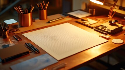 Poster - A well-organized workspace with art supplies and a blank canvas for creative projects.