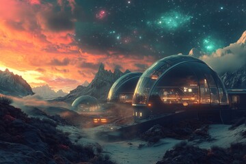 Wall Mural - A futuristic landscape with glowing domes under a starry sky. The colors of sunset create a dreamlike atmosphere. This image captures serenity and innovation. Generative AI