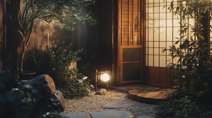 Poster - Tranquil garden scene with a lantern by a wooden door and natural elements.