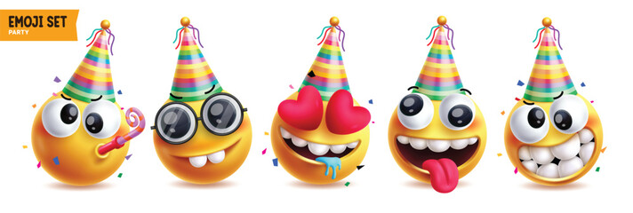 Poster - Emoji happy birthday vector characters set. Birthday emojis wearing rainbow hat costume in blowing, funny, in love, drooling, goofy and cute faces yellow icon clipart. Vector illustration mascot emoji