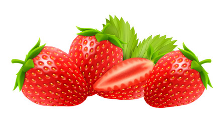 Wall Mural - fresh juicy strawberries isolated on white background. set of red strawberries, half of strawberry, 