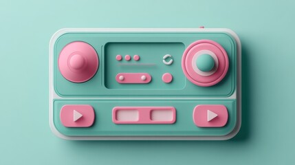 Poster - A pastel-colored retro music player with buttons and knobs for playback control.