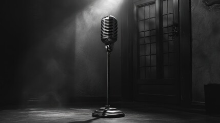 Poster - A vintage microphone stands alone in a spotlight, evoking a sense of performance and artistry.