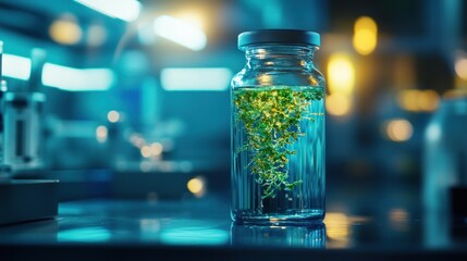 Poster - A glass jar containing vibrant green plant specimens in a laboratory setting.
