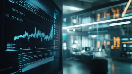 Fototapete - A high-tech workspace with data analytics displayed on a screen.
