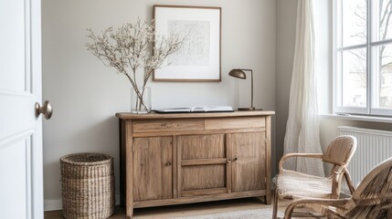 A cozy modern home office with a polished wooden cabinet, rattan baskets for storage, and a small desk lamp on top