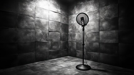 Poster - A minimalist recording studio with a microphone in a textured, dimly lit room.