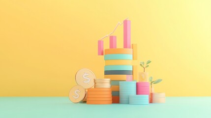 Poster - A colorful representation of financial growth with coins and bar graphs.