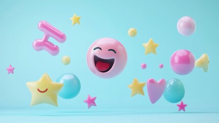 Poster - Colorful 3D shapes including smiley faces, stars, and hearts on a light blue background.