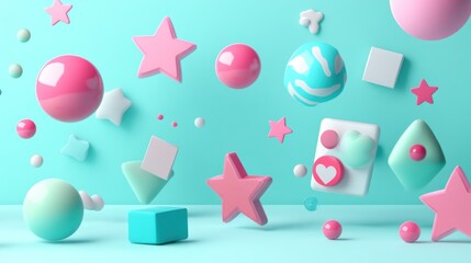 Aufkleber - A playful arrangement of colorful geometric shapes and spheres in a vibrant setting.