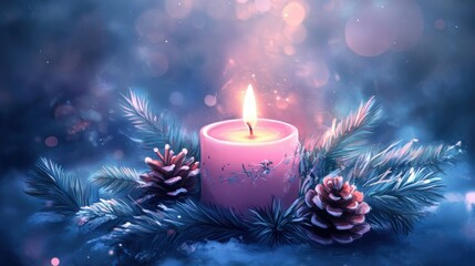 Wall Mural - Serene Pink Candle Illuminated Among Festive Pinecones and Evergreen Branches in a Dreamy Winter Wonderland Background with Soft Bokeh Lights