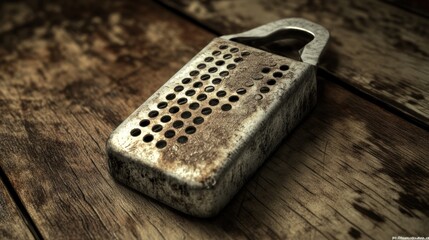 Aufkleber - Rusty Metal Grater Rests On Wooden Surface