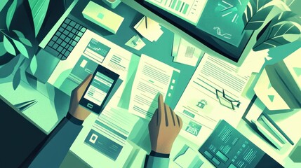 Poster - A workspace with documents, a smartphone, and a computer, suggesting research and organization.