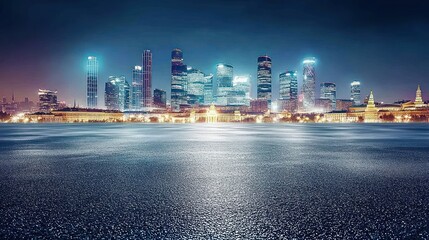 Poster - A nighttime cityscape with illuminated skyscrapers reflecting on water.