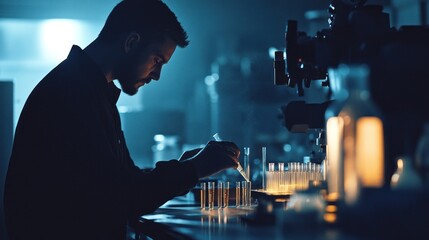 Poster - Scientist conducts a late night experiment in a laboratory