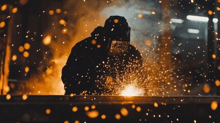 Poster - Welder Works In Dark Industrial Setting With Sparks