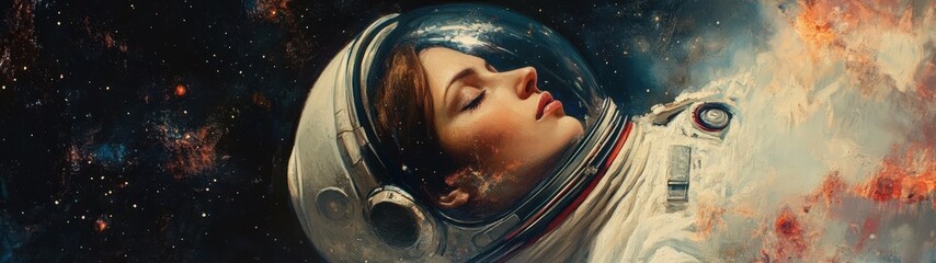 a serene space scene featuring a female astronaut in a futuristic helmet, floating amidst colorful c