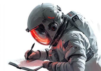Poster - An astronaut in a spacesuit writes in a notebook, highlighting exploration and discovery.