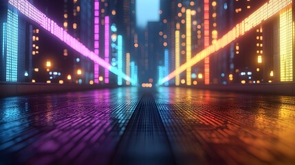 Wall Mural - Vibrant neon cityscape at night with reflections