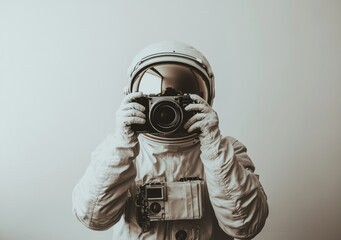Poster - An astronaut holds a camera, capturing a moment in a minimalist setting.