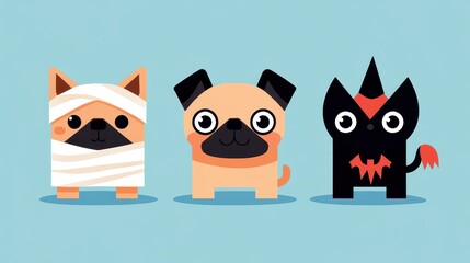 Vibrant illustration three playful cartoon dogs bandaged french bulldog, cheerful pug with expressive eyes, and mischievous black hybrid with bat wings. soft pastel blue background enhances charm.