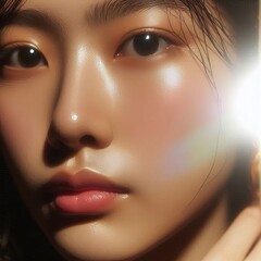 Poster - a close up of a person's face with a visible glare such as a gla
