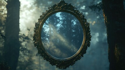 Wall Mural - Enchanted Forest Reflection: A Vintage Mirror Surrounded by Ethereal Light and Trees, Capturing the Mystical Atmosphere of Nature's Beauty and Tranquility