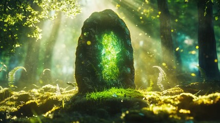 Aufkleber - Mystical stone monument infused with glowing green light, surrounded by lush greenery and sunbeams in an enchanted forest atmosphere.