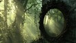 © savittree - Enchanted Forest Scene with Mirror Reflecting Sunlight Through Lush Green Trees, Capturing the Magic of Nature and Mystical Ambiance in a Serene Environment
