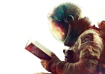 Poster - An astronaut reading a book in a cosmic setting, blending space exploration with knowledge.