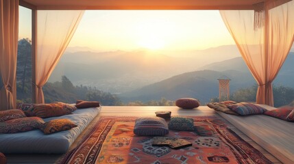 Fototapete - Serene mountain view with cozy seating and sunset ambiance.