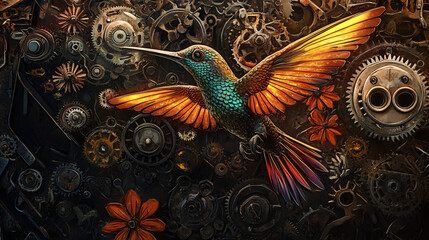 Wall Mural - Mechanical hummingbird with glowing wings, flying through a steampunk garden of gears and metal flowers. 