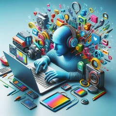 Poster - A subject with colorful gadgets and a sleek laptop representing