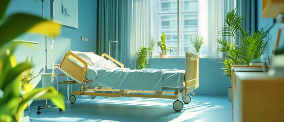 Wall Mural - Modern hospital room featuring a 3D rendered hospital bed and medical equipment with bright light blue decor and window view