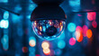 © INT888 - close up shot of security camera reflecting vibrant city lights, creating captivating visual effect. colorful bokeh enhances urban atmosphere