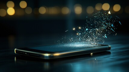 Poster - Innovative Conceptual Design of a Smartphone with Abstract Shattering Elements, Showcasing Modern Technology and Digital Aesthetics in a Dark Background