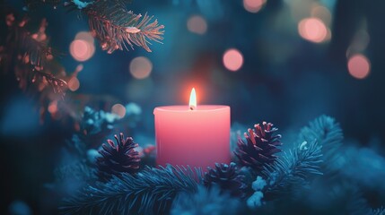 Wall Mural - Softly Glowing Pink Candle Surrounded by Green Pine Branches and Pine Cones in a Festive Atmosphere with Christmas Lights Twinkling in the Background