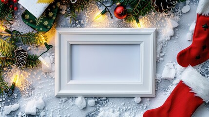 Festive Holiday Frame on Snowy Surface