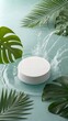 © Tekin - Round empty podium and tropical leaves in water with waves, splashes for presentation of natural cosmetics