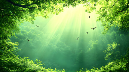 Poster - A serene forest scene with vibrant green foliage and sun rays filtering through, creating a peaceful atmosphere filled with birds.