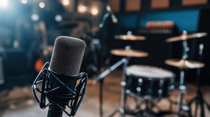 Aufkleber - A close-up of a microphone in a music studio with a drum set in the background.