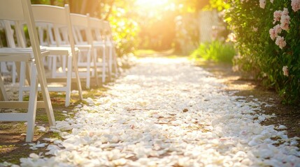 Wall Mural - Beautiful Garden Pathway Covered with Soft Flower Petals in Sunlight, Leading to an Outdoor Wedding Venue Surrounded by Lush Greenery and Romantic Atmosphere