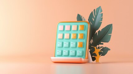 Poster - A stylized, colorful keyboard design with tropical leaves in a soft, modern setting.