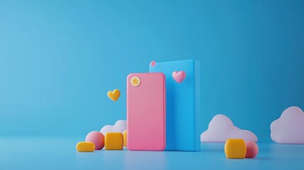 Fototapete - A playful arrangement of colorful shapes and a phone against a bright blue background.