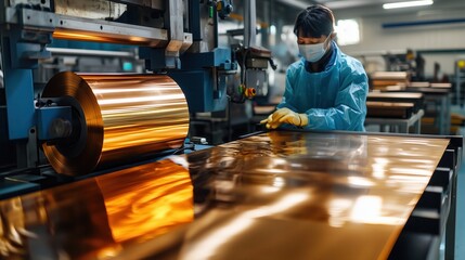 Poster - Copper roll being processed in machinery. Detailed look at copper roll processing on machinery in an advanced industrial setting, showcasing precision and efficiency.