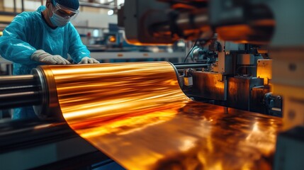 Poster - shiny copper roll in production facility. large roll of shiny copper being processed in an industria